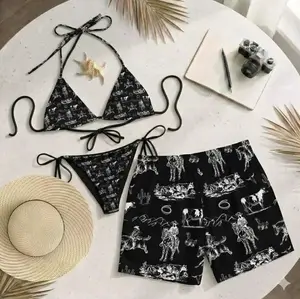 Couple Matching Beach Set – Black Print Bikini & Hawaiian Shorts