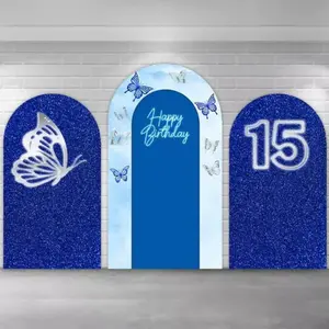 Sparkling Blue 15th Birthday Arch Covers Stretchy Backdrop – Butterfly Theme, Perfect for Quinceanera & Sweet 15 Birthday Party Photo Backdrop