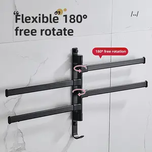Space aluminum no-drill bathroom towel rack, black foldable rotating towel bar, multi-layer shelf, bathroom storage rack