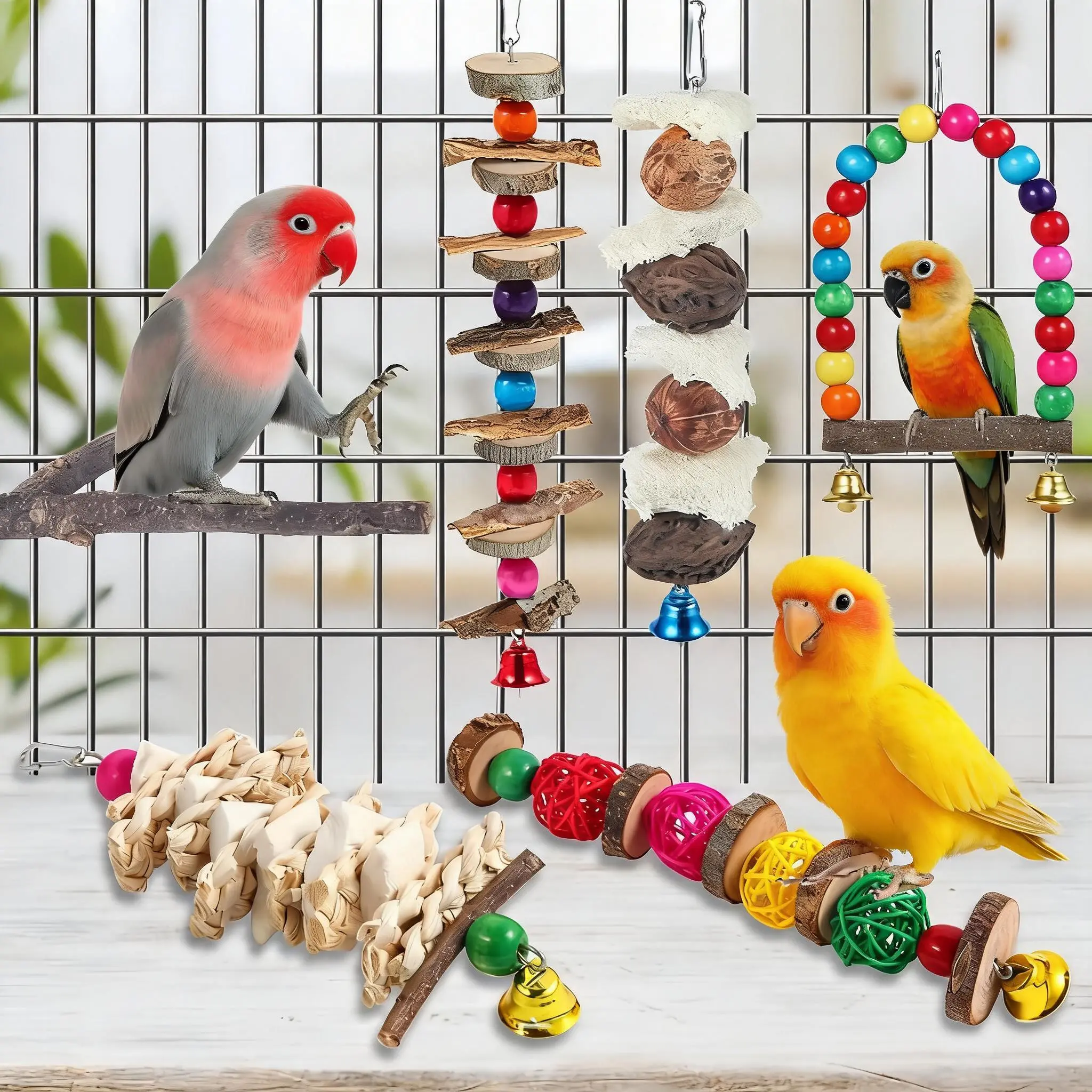 All-in-1 Bird Toy Kit - 6 Essential Perches & Chewing Toys for Parrots - Safe Natural Material, Mental Stimulation & Boredom Relief - Pet Bird Supplies for Small to Large Feathered Friends