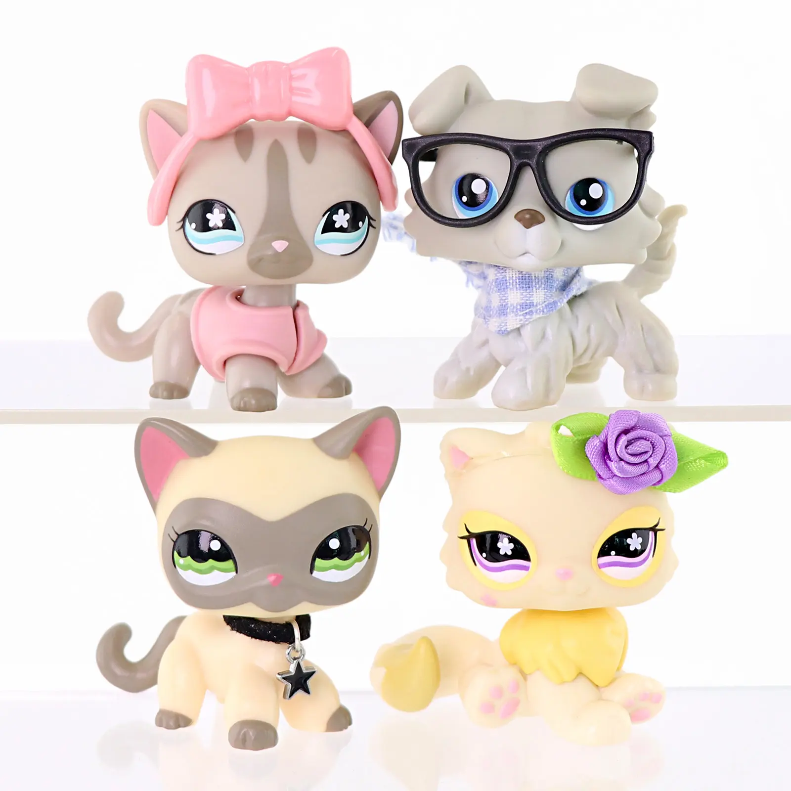 4Pcs Cute Pet Animal Mini Figurine Set Cat & Dog Collectible Toys With Dress‑up Accessories Kids Birthday Desktop Decor Gift