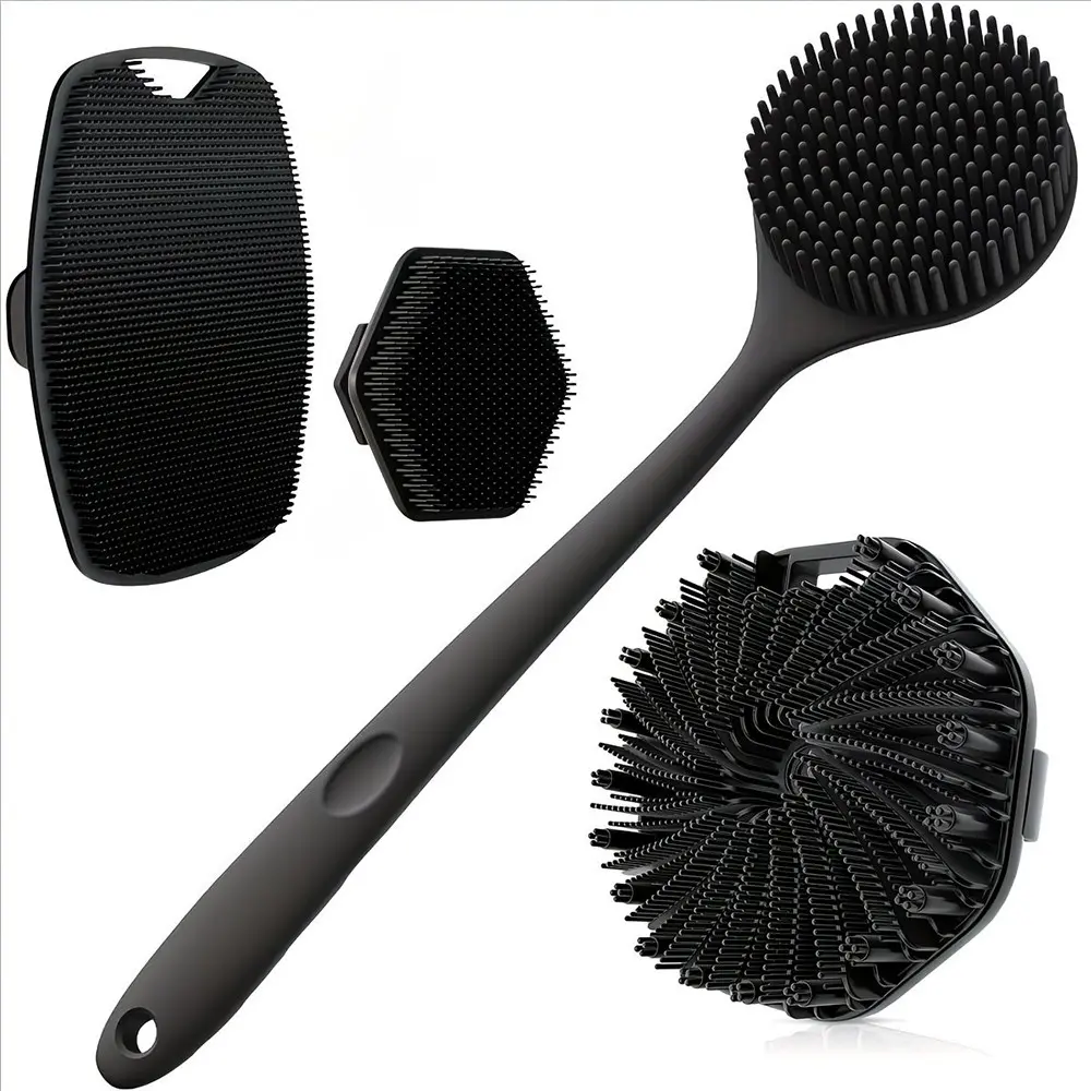 4-Piece Bath Brush Set, Long-Handle Body Brush with Silicone Bristles, Exfoliating Shower Scrubber for Back and Body, Scalp Massage, Deep Cleaning, Body Care Tool