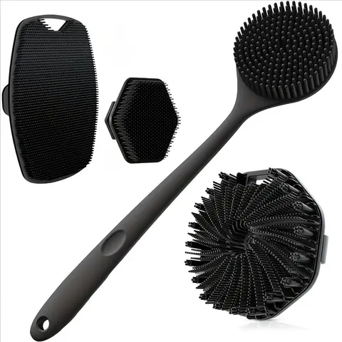4-Piece Bath Brush Set, Long-Handle Body Brush with Silicone Bristles, Exfoliating Shower Scrubber for Back and Body, Scalp Massage, Deep Cleaning, Body Care Tool