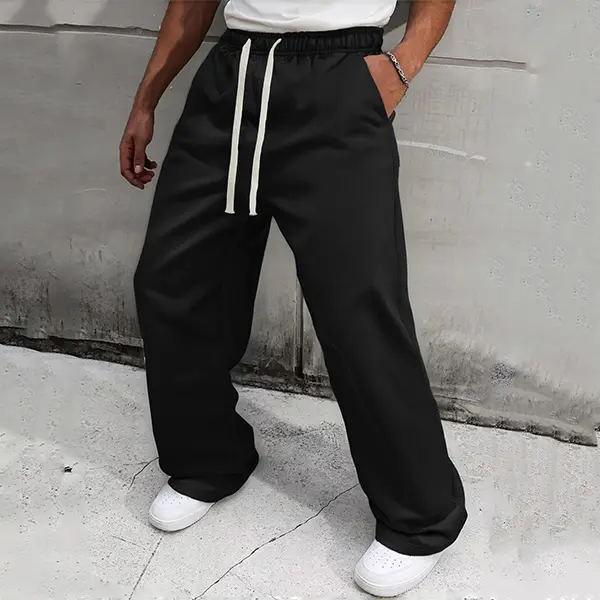Men’s Black Loose Straight Drawstring-Waist Sweatpants - Baggy Men's Pants for Casual Wear, Streetwear, Sports, Black Sweatpants, 90S Loose Fit Men's Pants
