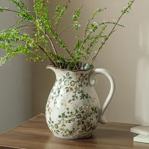 Green and White Vintage Vase with Handle Chinoiserie Floral Pitcher Vase Rustic Ceramic Farmhouse Vases for Home Decor Living Room Bookshelf Office Grand Millennial Decors Tuscan Decor 7.9 Inch