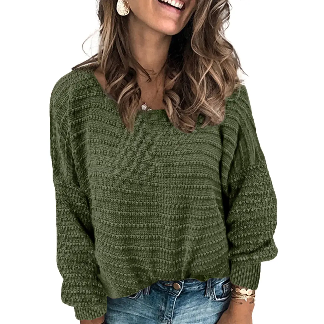Dokotoo Womens Ribbed Knit Textured Drop Shoulder Long Sleeve Crew Neck Pullover Sweaters