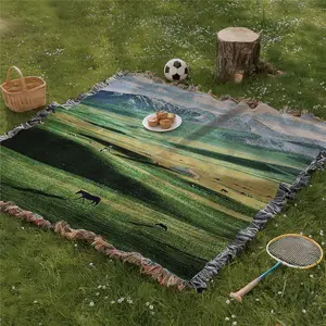 Multi Purpose Picnic Mat Yarn Woven with Tassel: Grasslands And Mountains  Pattern, Soft and Breathable, Suitable for Travel Camping Lawns Weddings Concerts. Indoor Bohemian Decoration Machine Washed and Used As Bed Blanket Sofa Towel Tablecloth Tapestry
