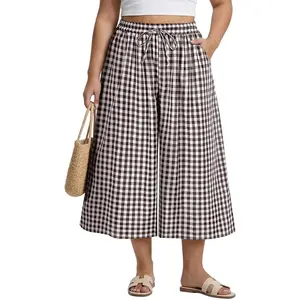 Women's Plus Size Wide Leg Capris Pants - Soft, Breathable Linen Gingham/Stripe Bottoms with Elastic Waist, Pockets, Comfortable Fit, Casual Dressy Beach Summer Trousers (XL-5XL)