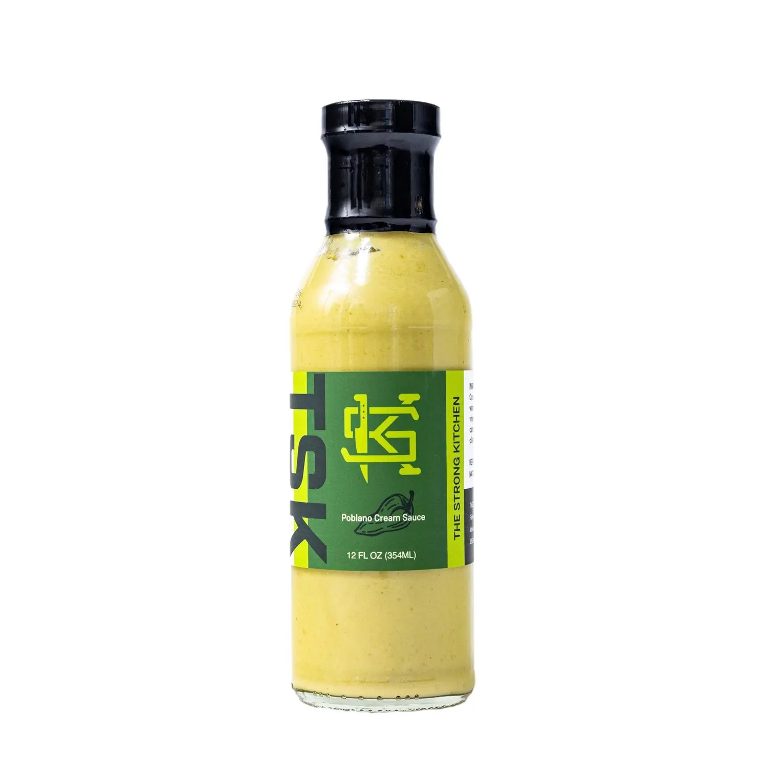 SK The Strong Kitchen Poblano Cream Sauce - Creamy Garlicky with Heat - Perfect for Braising Simmering & Reducing - 12 FL OZ Bottle - Coconut Milk Base - Flavorful Meaty Poblano Peppers & Toasted Garlic