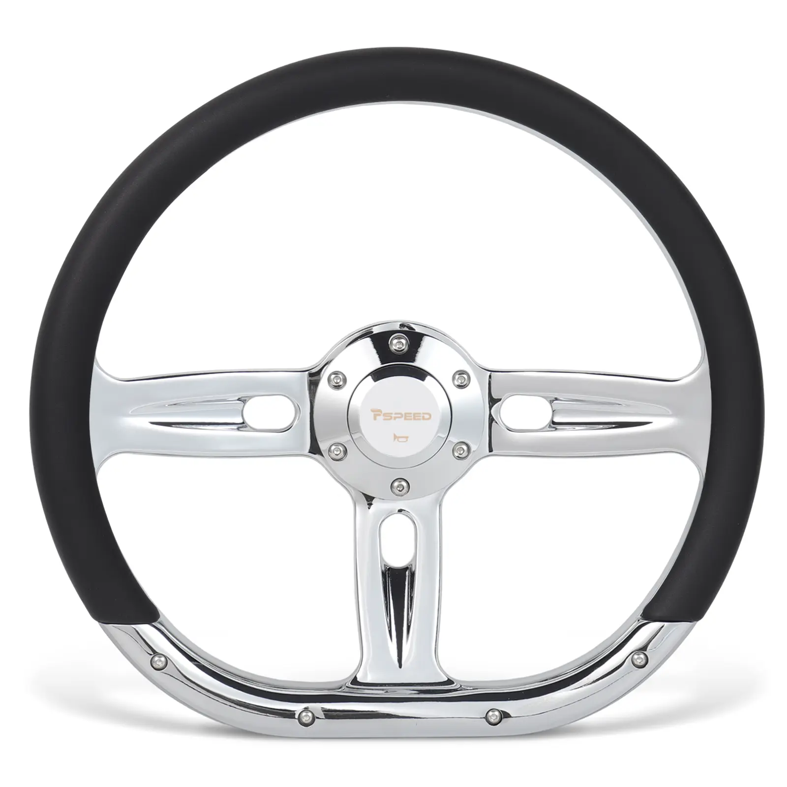 14 inch D-shaped steering wheel, 6 Bolt 3 Spokes Chrome-Plated aluminum alloy Black Microfiber Leather Grip Deep Dish 50MM with horn Fit for Cars,for Classic Car,for Vintage Car steering wheel