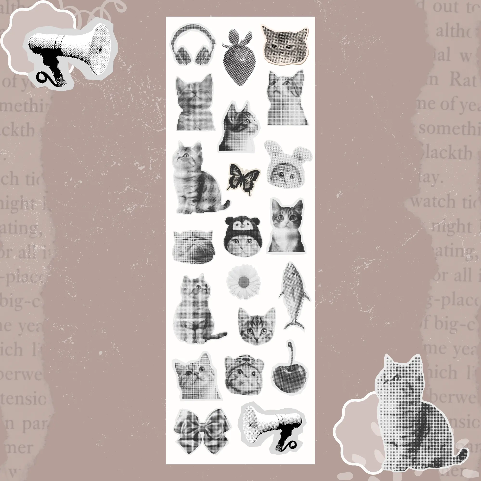 Retro Kawaii Cat Sticker Sheet - Simple Design with Cute Cat Illustrations for Cute and Adorable Stickers
