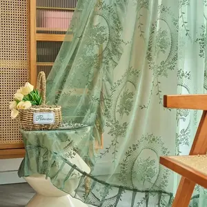 Room Decor Vintage Floral Embroidery Curtain Blinds for Room Decor, 1 Count Semi-transparent Window Curtain with Ruffles, Attached Valances, Bedroom Curtains Arch, Window Drapes for Home Living Room, Home Textile, Interior Decoration Accessories