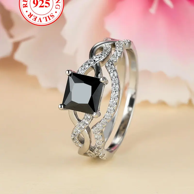 S925 Sterling Silver Square Shaped Artificial Zircon Decorated Ring Set, 2 Counts Stackable Rings for Women, Geometric Design Ring, Elegant casual ring, Elegant Jewelry for Party, Daily Decor, Statement Rings, Unique Rings, Beautiful Rings