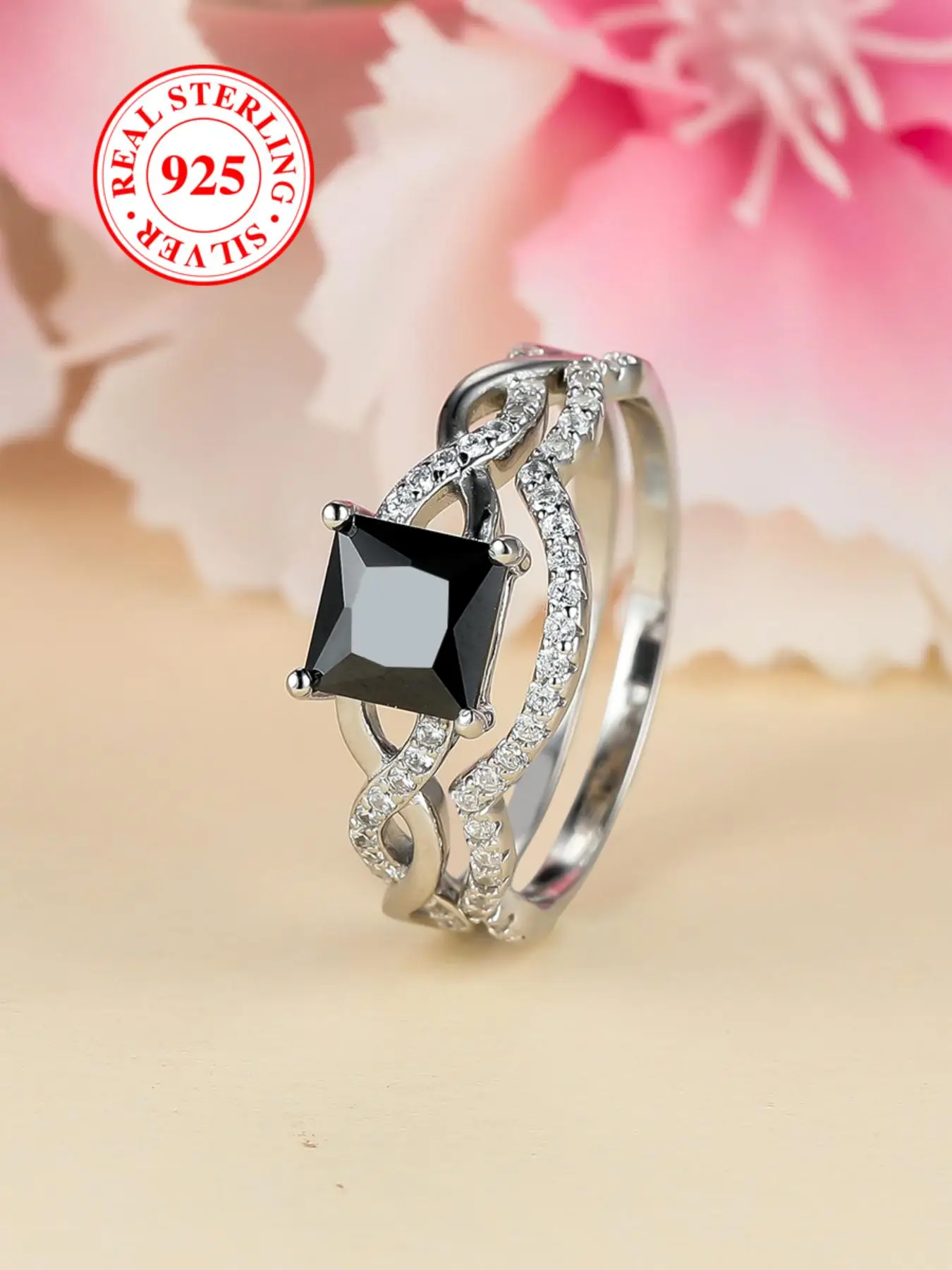 S925 Sterling Silver Square Shaped Artificial Zircon Decorated Ring Set, 2 Counts Stackable Rings for Women, Elegant Jewelry for Party, Daily Decor, E