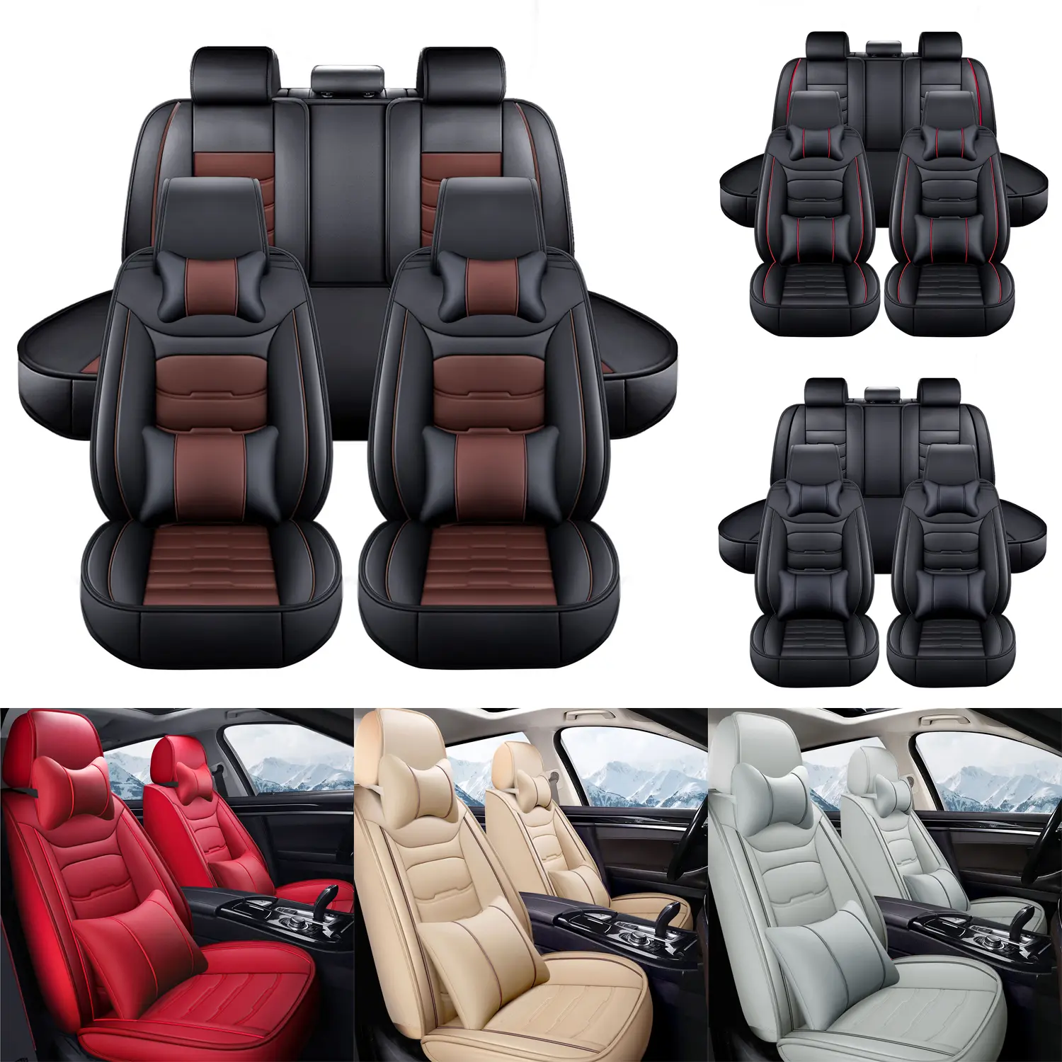 Car Seat Covers Full Set,Faux Leather Breathable Front Back Rear Seat Cushion,Car Seat Protector With Removable Headrest,Universal Fit For Toyota Tacoma/ 4Runner/ RAV4 /Honda /Hyundai/Elantra/Tucson/Sonata/Accent/Focus Most Cars