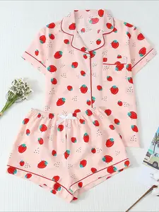 Two-piece Spring and Summer Strawberry Dot Print Pajamas Set, Sweet and Cute Lapel Button-up Top and Bow Shorts, Women's Pajamas and Loungewear, Fruit Print Pajama