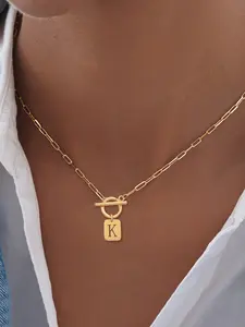Women's Elegant Stainless Steel Necklace, Rectangular Cutout Initial OT Buckle Pendant Chain, All Season Fashion Jewelry