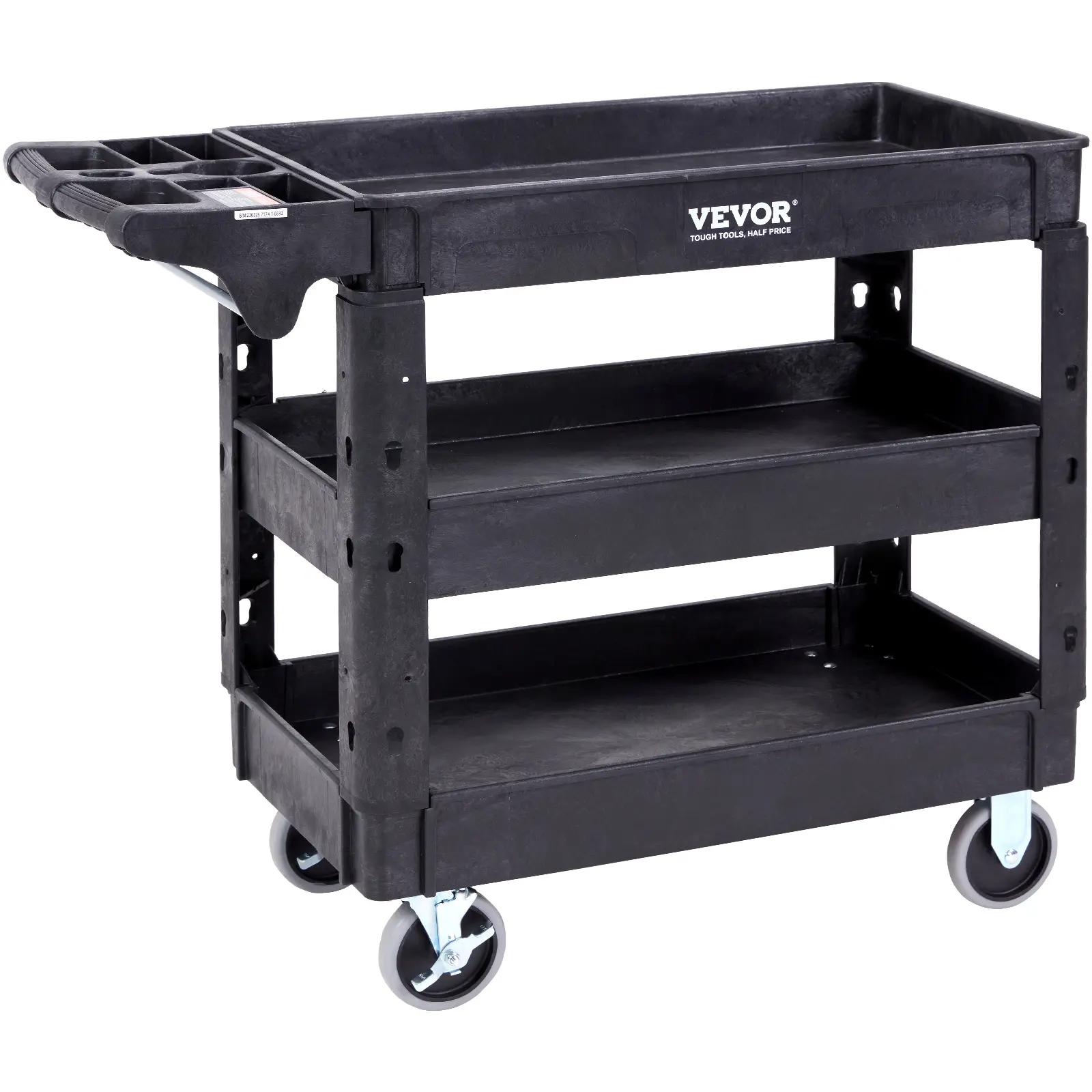 【summerfinds】VEVOR Utility Service Cart, 3 Shelf 550LBS Heavy Duty Plastic Rolling Utility Cart with 360° Swivel Wheels (2 with Brakes), Medium Lipped Shelf, Ergonomic Storage Handle for Warehouse/Garage/Cleaning, Organiser, Racks, Heavy Duty Carts, On