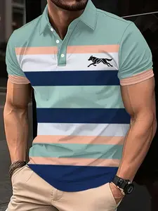 Men's Summer Mint Colorblock Striped Wolf Label Shirt, Long Fitted Casual Top, Short Sleeve All over Print, All Seasons Wear, Menswear