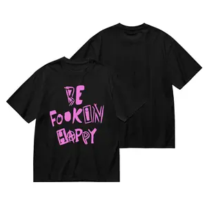 Unisex Yungblud "Be Fookin Happy" Graphic Tee, Eye-Catching Pink Print On Black Base 100% Cotton Regular Fit Breathable Non-Sheer Streetwear Statement Short Sleeve Shirt for All Seasons