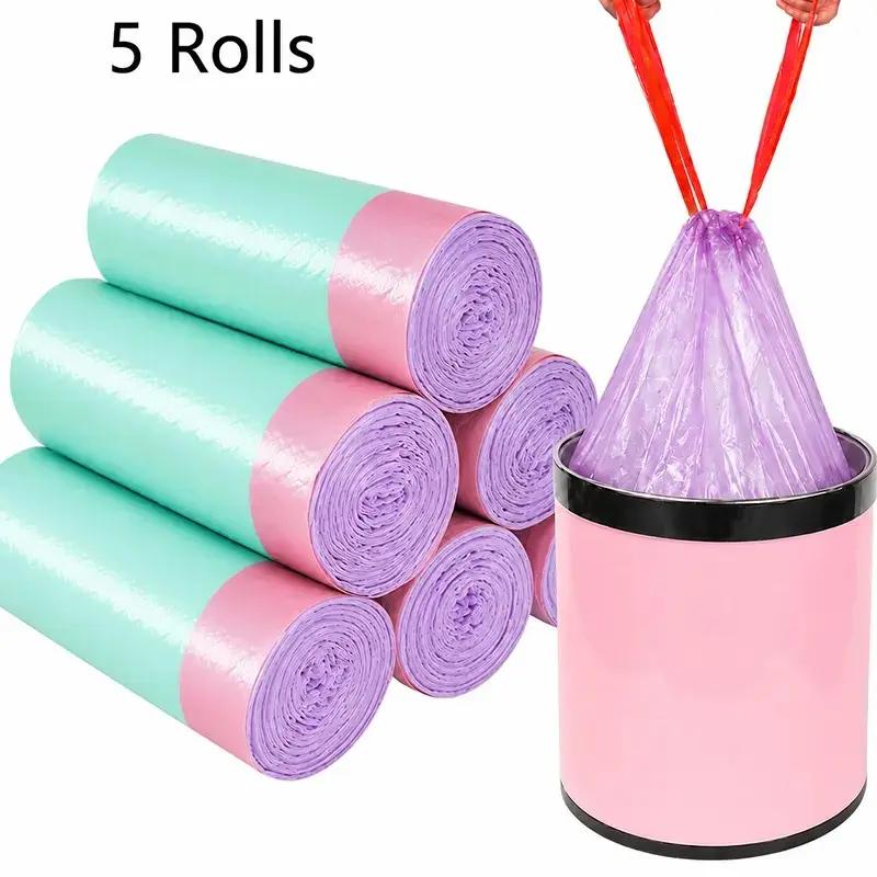 75 pcs/5 Roll Random Color Drawstring Bin Bag, Leak-proof Thick Trash Bag, Household Kitchen Garbage Bag, Home Care Supplies