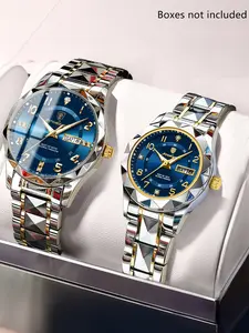 POEDAGAR luxury fashion couple watch trend casual couple quartz stainless steel watch waterproof night light dating week couple watch lights up every date he and she