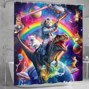 Funny Dinosaur Cat Shower Curtain Set Cool Children's Boys' Galaxy Space Universe Funny Animal Bathroom Set Accessories Decor, Bathroom Floor Mat Toilet Seat Cover, Includes 12 Hooks