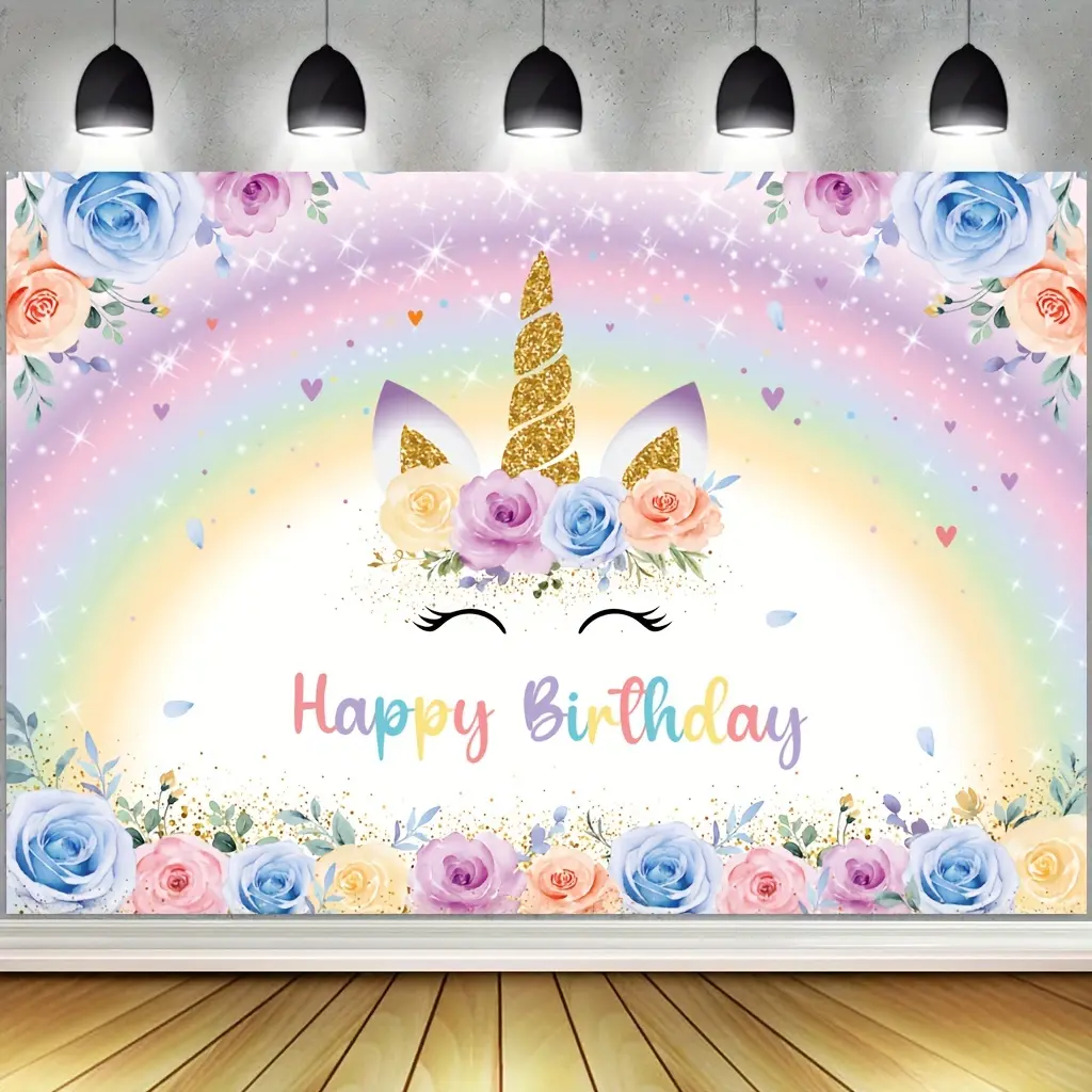 1pc Hangable Unicorn Print Backdrop - Vinyl Rainbow, Glitter Watercolour Flowers, Modern All-Seasons Adult Party Banner, Cake Table Decor, Multipurpose Textile Photography Background (No Electricity Needed, White, Animals Theme), Party Decor