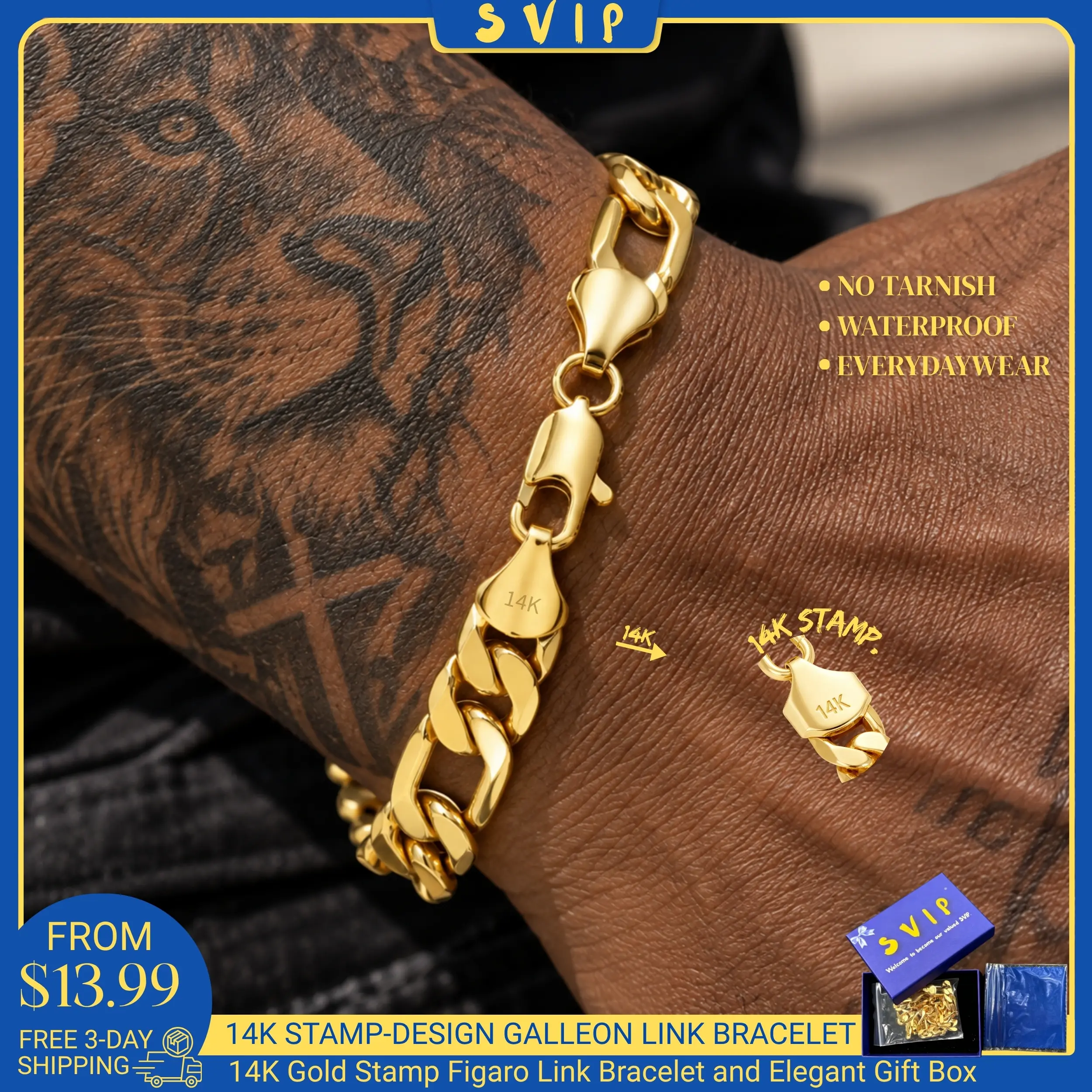 [Free 3-Day Shipping] 14K Gold-Plated Figaro Chain Bracelet Jewelry for Men - 9mm/10mm Wide, 7.5"/8.5" Italian Cuban Link, Tarnish-Free Nanotech Coating with Nanotech Shine, Hip Hop Edge Streetwear, Minimalist Layering Gift for Him