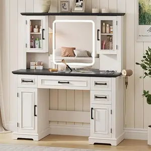 Vabches Farmhouse Vanity Desk with Mirror and Lights, Makeup Vanity Table with Charging Station, 45" Bedroom Table with 4 Drawers and Cabinets, 3 Lighting Modes