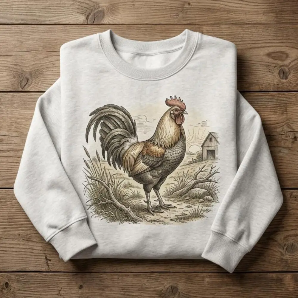 Rooster Graphic Sweatshirt, Unisex Farmhouse Cottagecore Crew Neck Polyester Blend Pullover, Fitted, Long Sleeve, Vintage, Digital Print, Do Not Dry Clean, Regular, Retro, Cotton, Hand Wash Only, All Seasons