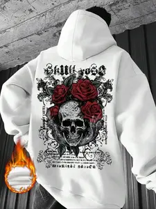 Trendy Men's Oversized Long Sleeve Hoodie Fall Winter, Gothic Rose & Floral Font Skull Graphic Print, Punk Style, Casual Heavyweight Streetwear, Sweatshirts