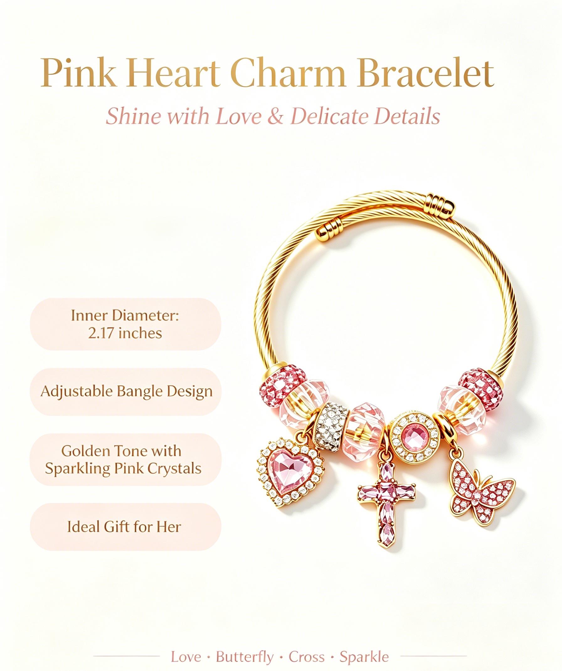 Sparkling Pink Charm Bangle - Heart, Cross & Butterfly Dangle Bracelet for Women | Trendy Gold-Tone Jewelry Gift