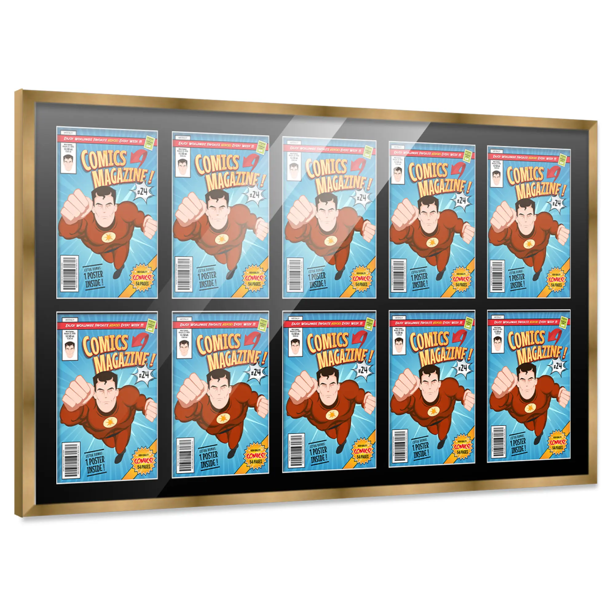Comic Book Frame with Mat for 10 Current Era Comics Published After 1985 - Bronze Wood Comic Frame With Black Mat for 6.875x10.5 Comics - 44x25.75 Frame Size