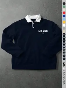 Men's Loose Fit Colorblock Collar Long Sleeve Graphic Polo Shirt Tops, Casual Street Style, Fashionable Stylish Outdoor Sports Wear, All Seasons, Classic