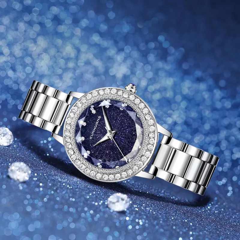 Women's elegant starry blue sandstone dial analog quartz watch, fashionable luminous watch, suitable for parties, daily clothing decoration, trendy versatile exquisite waterproof watch, suitable for birthday gifts (with box)