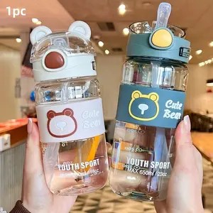 550ml/650ml Bear Cartoon Portable, Clear Water Bottle with Straw, Reusable, School Cup with Lifting Handle, Perfect for Summer/Winter Drinks, Outdoor Sports, Fitness, Travel, Camping, Halloween & Christmas Gifts, Thermos