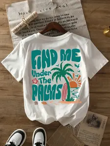 Women's White & Turquoise Tropical T-Shirt - Short Sleeve Beach Top with "Find Me Under the Palms" Print, Loose Fit Breathable Shirt Suitable for Vacation, Casual Summer Outfits, Machine Washable Palm Tree Blouse-Compatible for