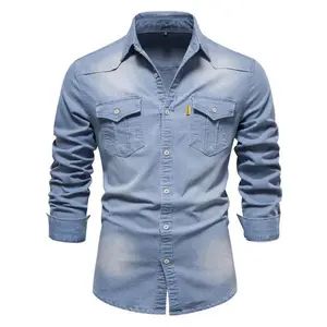 Fashion Autumn Cotton Denim Shirts Men Casual Long Sleeve Quality Cowboy Shirt Solid Color Slim Elegant Rhinestone Button-Up Shirt