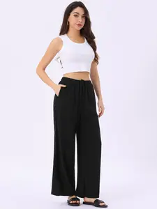 INSPIRE CHIC Women's Linen Summer Palazzo Pants Flowy Wide Leg Beach Trousers with Pockets Black