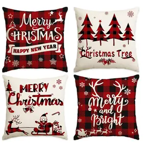 4pcs red retro Christmas pillowcases, checkered Christmas tree Santa Claus single-sided printed sofa cushion cover, sled reindeer bell cane candy pattern pillow cover, home sofa decoration, Christmas decoration, Home Decor Ornaments (without pillow core)
