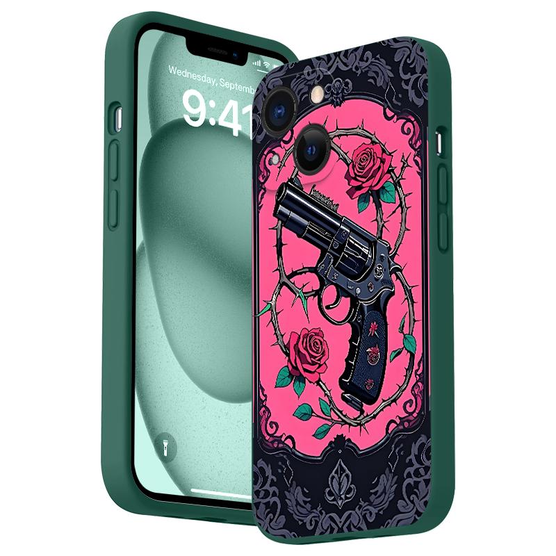 Straight Edge Gun And Rose Pattern Man's Phone Case for iPhone 15 16 14 Pro Max 13 12 11 XR XS Plus Shockproof Non Slip Military-Grade Protection Silicone Cover Cellphone Protective Smartphone Casing