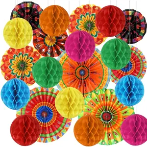 Outus 21 Pcs Mexican Party Decorations Set Cinco De Mayo Decor Fiesta Hanging Paper Fans Mexican Banners Tissue Pom Poms for Taco Carnival Event Birthday Wedding Photo Supplies (Classic)