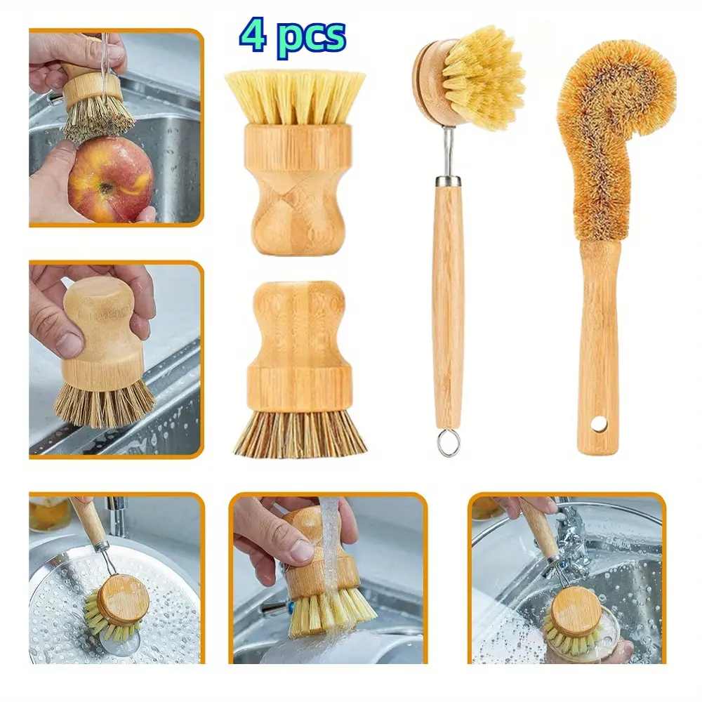 [4pcs Upgraded Strong Bamboo-Steel Kitchen Multi-purpose Cleaning Brushes] - Natural Bristles Dishwashing Scrubbers for Pots, Pans, Durable Time-saving Kitchen Utensils, Ideal Gift