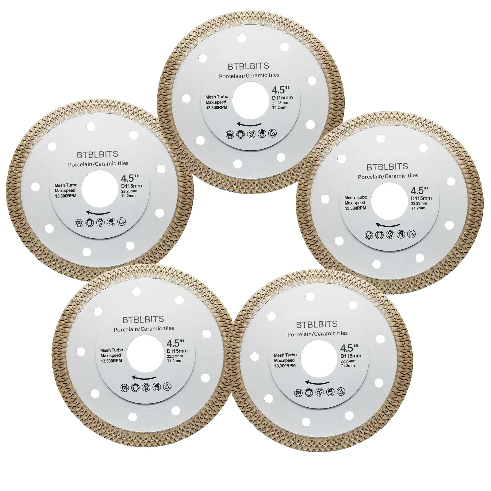 5PCS Super Ultra Thin Diamond Saw Blade 4-1/2-Inch Turbo Mesh Cutting Disc For Porcelain, Ceramic Tile, Granite, Marble, Cement Backer Board, Stone, Brick Dia 4.5" (115mm) Tiles Cutting Disc Wheel Circular Saw Blade angle grinder tool cutoff turboblades
