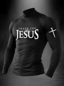 Men's Slim - Fit High - Neck Long Sleeve Fitted, Christian Thank You Jesus & Cross Print, Athletic Casual Faith - Driven Top, Classic