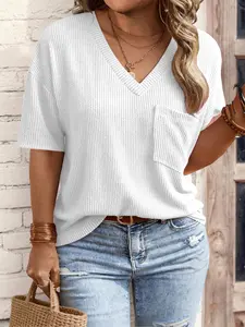 Fashion Plain Ribbed V-Neck Half-Sleeve T-shirt with Pocket, Curve Plus Size Loose Casual Tops Womenswear Y2K Clothes Street Style Streetwear Daily Office Wear Trendy Date Outfits Cozy Coffee Shop Wear