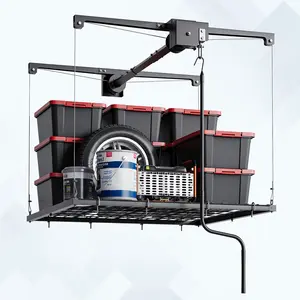 Garvee 4x4 ft Overhead Garage Rack, 300 Lb Capacity Ceiling Mount Storage with Auto-Lock, Heavy Duty Adjustable Shelving for Attic, Basement, and Indoor Organizing