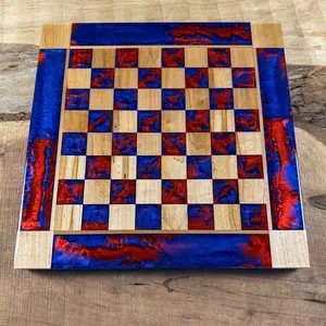 Deep Blue Red Lava Maple Wood Chess Board (INCLUDES PIECES)