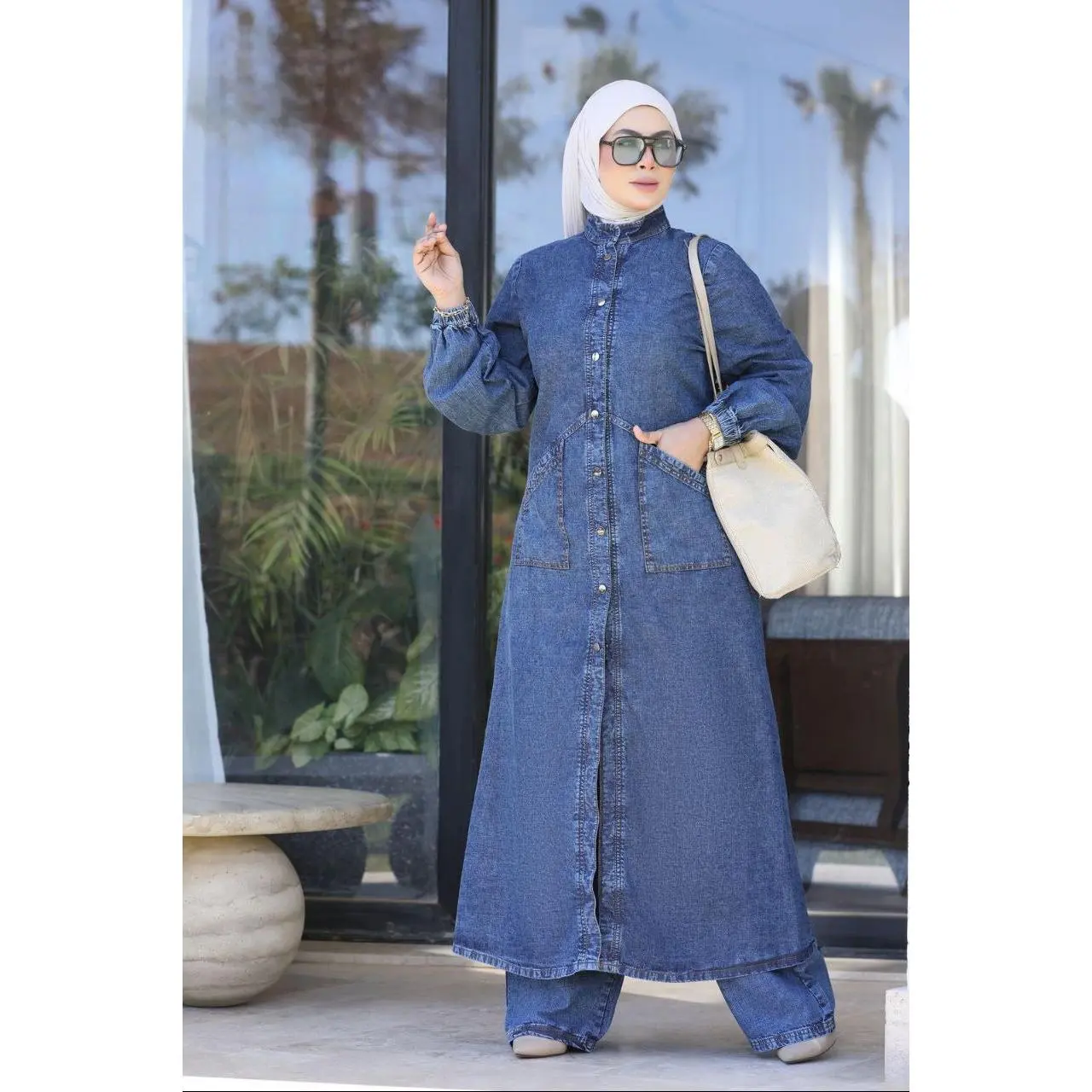 Women’s Modest Denim 2-Piece Set – Long Tunic & Wide Leg Pants | Muslim Modest Outfit | Casual Abaya Style Set